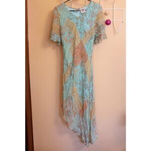 Vintage Phool Teal Boho Dress – Asymmetrical Hem & Slit Sleeves, Stretch Floral